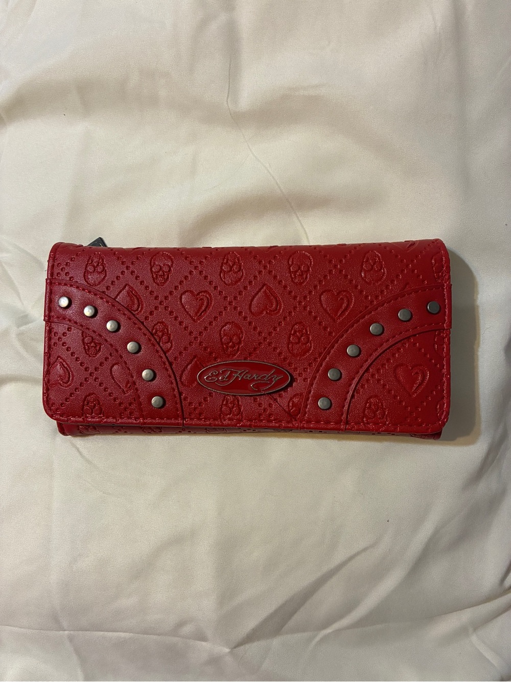 Ed Hardy Red Quilted Heart & Skull Studded Fold-Over Wallet